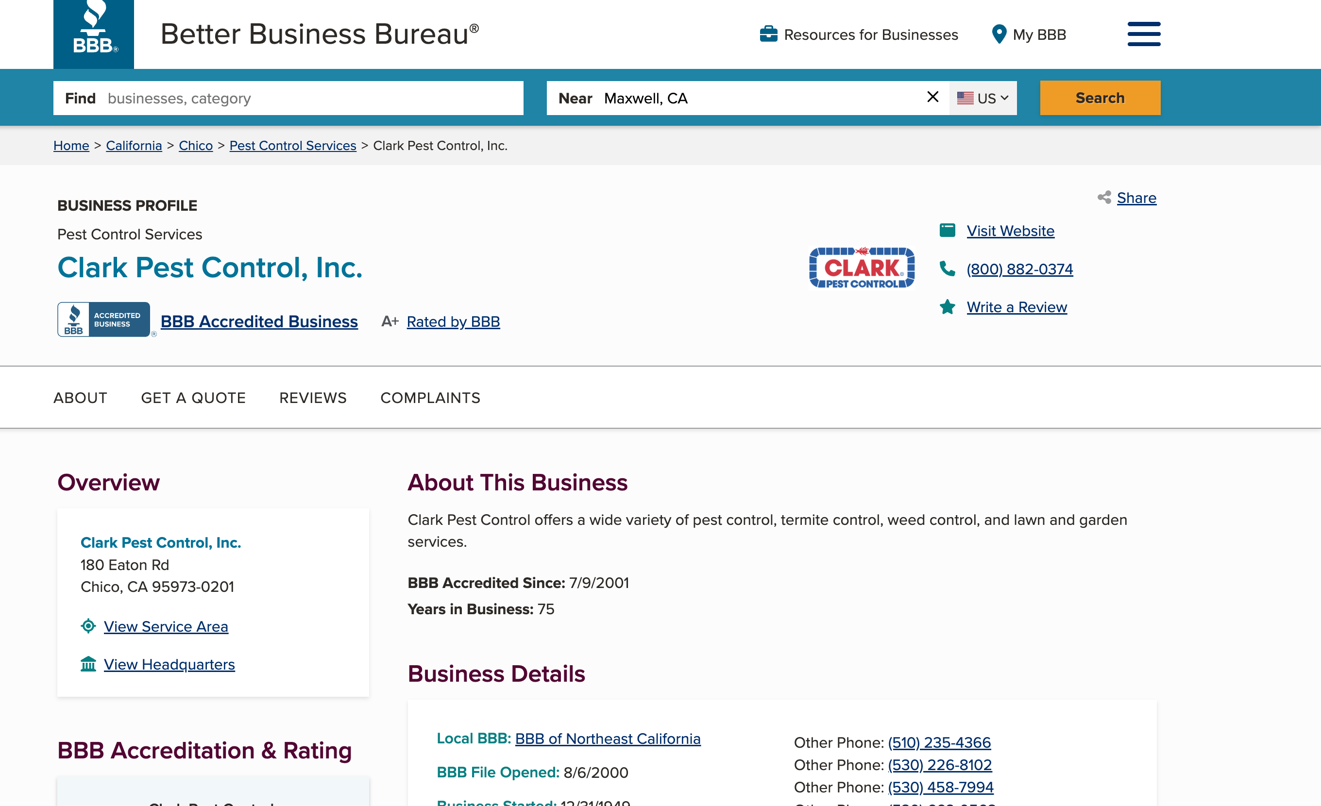 Better Business Bureau screenshot
